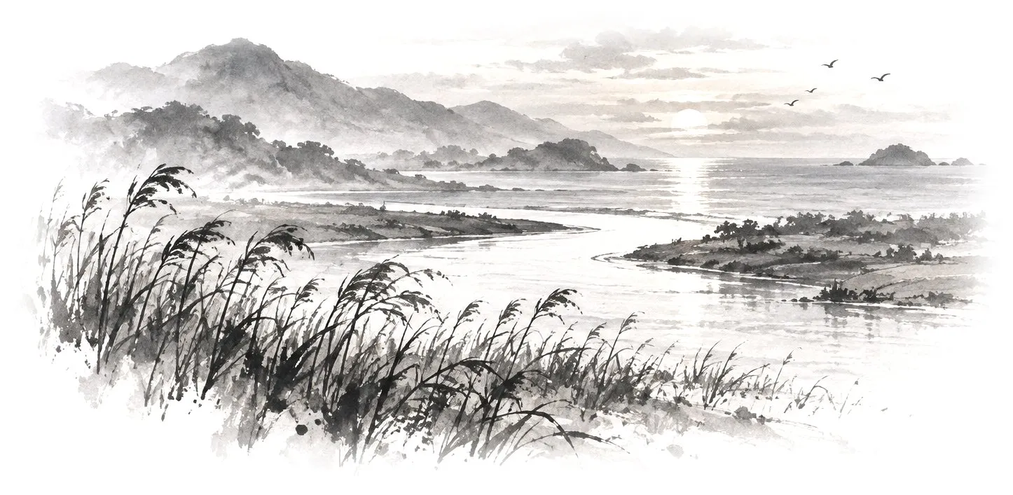 河口と海の墨絵のイラスト（イメージ）