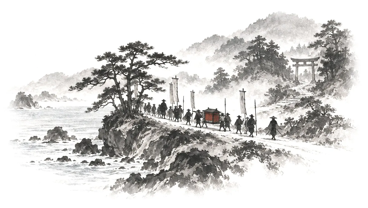 鳥居へ向かう大名行列のイラスト（イメージ）