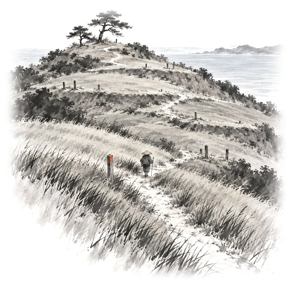海を望む丘の館跡を歩くイラスト（イメージ）